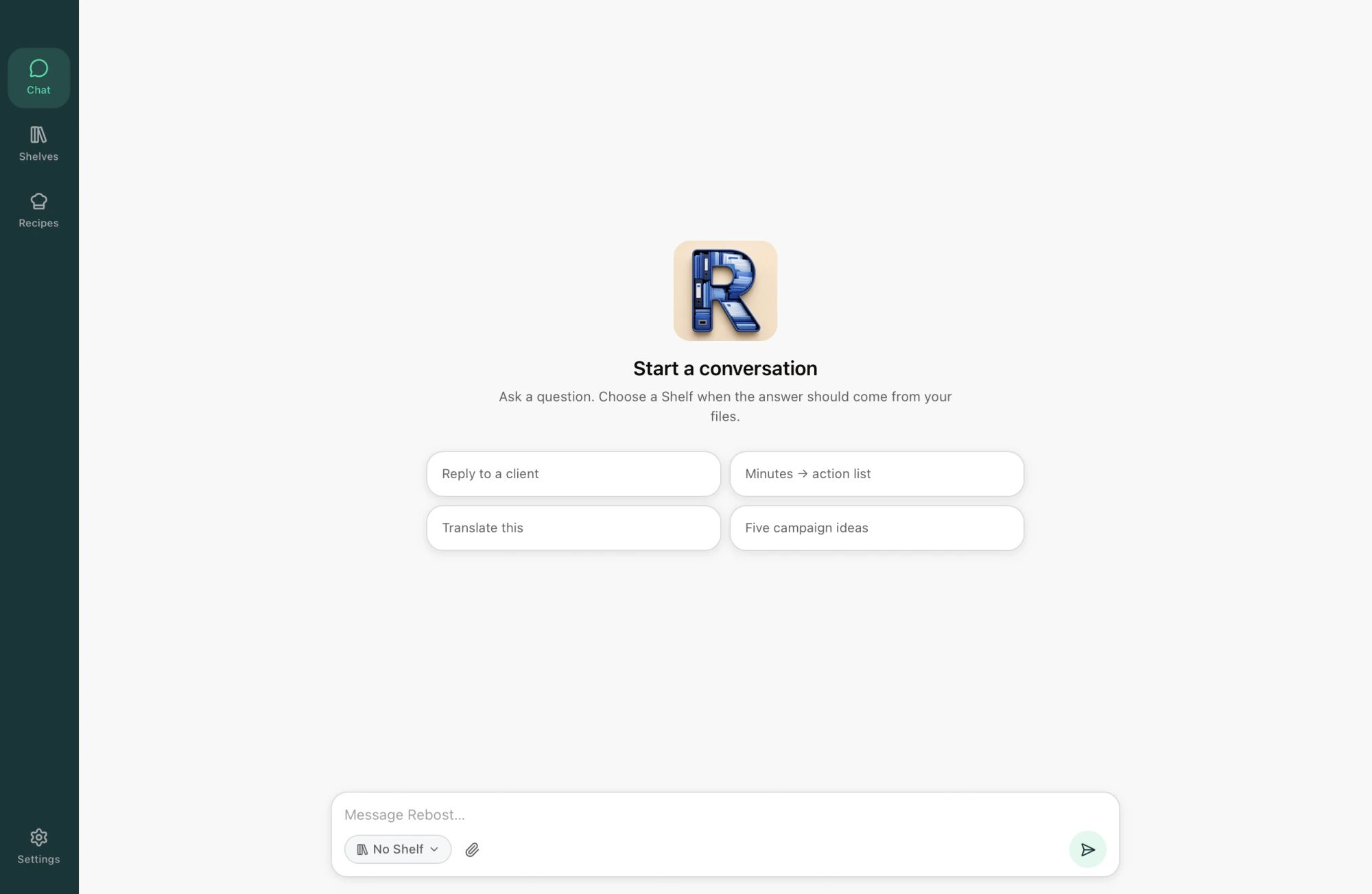 Rebost Chat: an empty conversation ready to start.