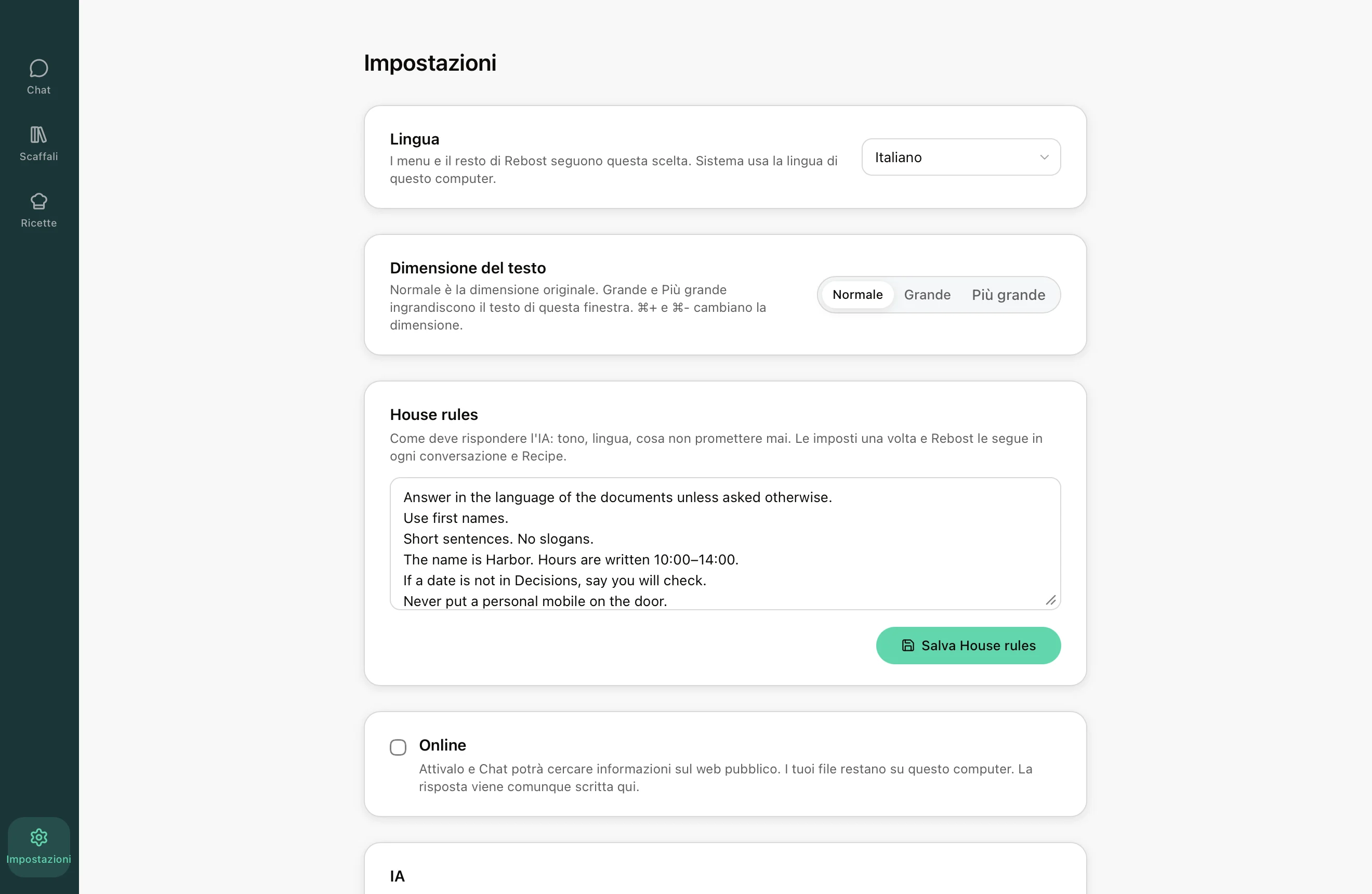 Impostazioni di Rebost: House rules e IA installata.