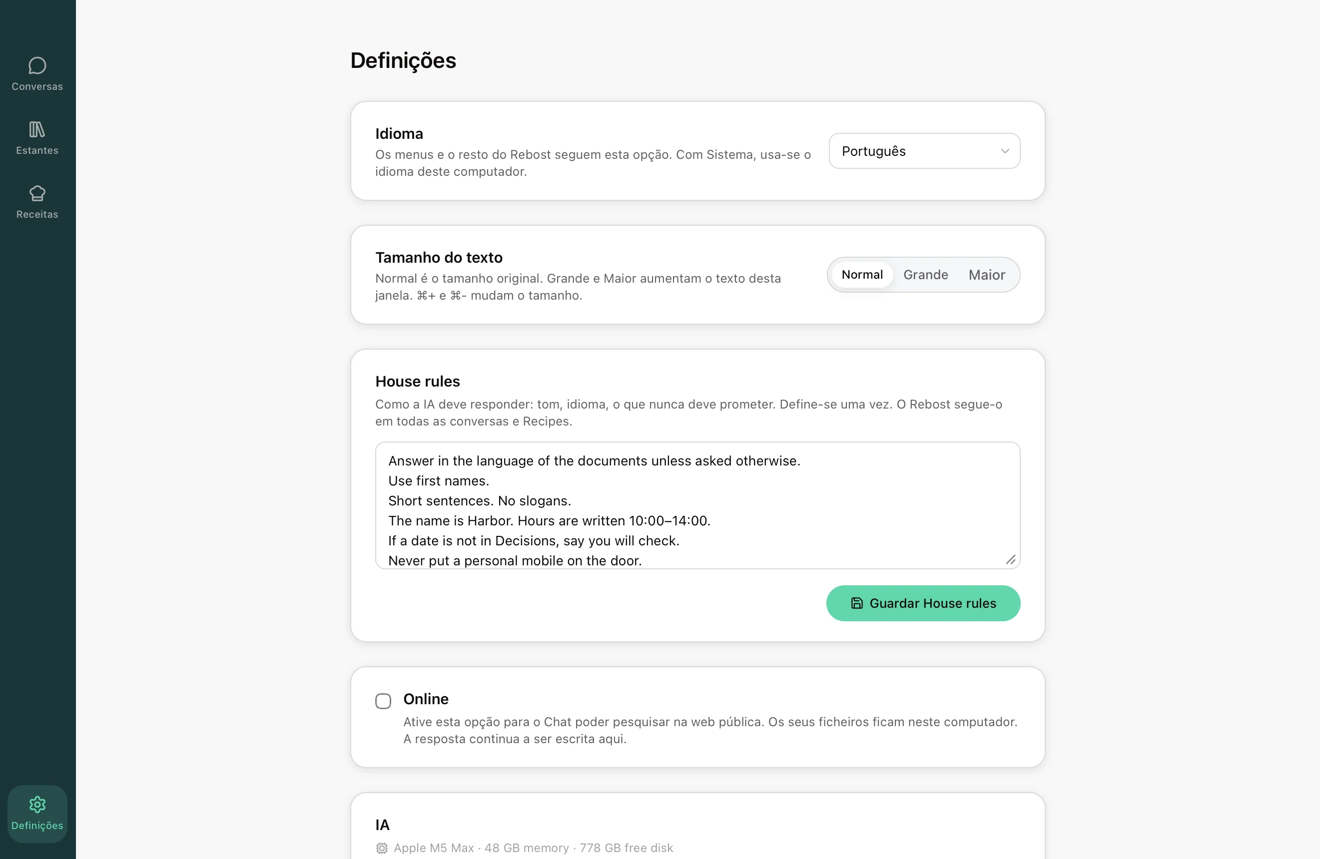 Definições do Rebost: House rules e a IA instalada.